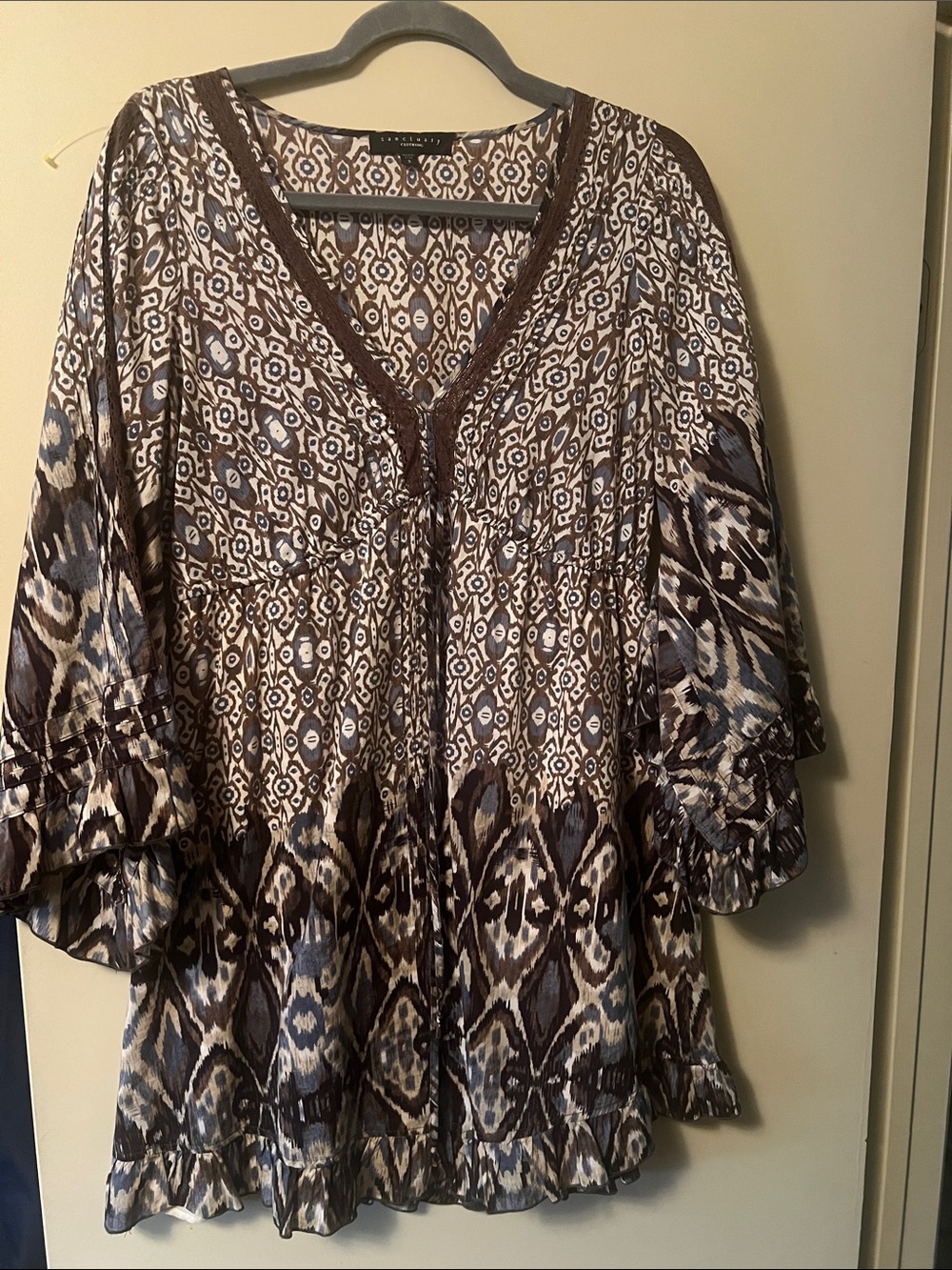 Sanctuary Boho V-Neck Tunic in Brown and Blue Pattern size Small